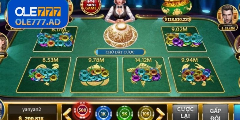 Bầu Cua Ole777 – Trò Chơi Dân Gian Với Cơ Hội Thắng Cao 2 Chọn một hoặc nhiều hình, điều chỉnh số tiền linh hoạt